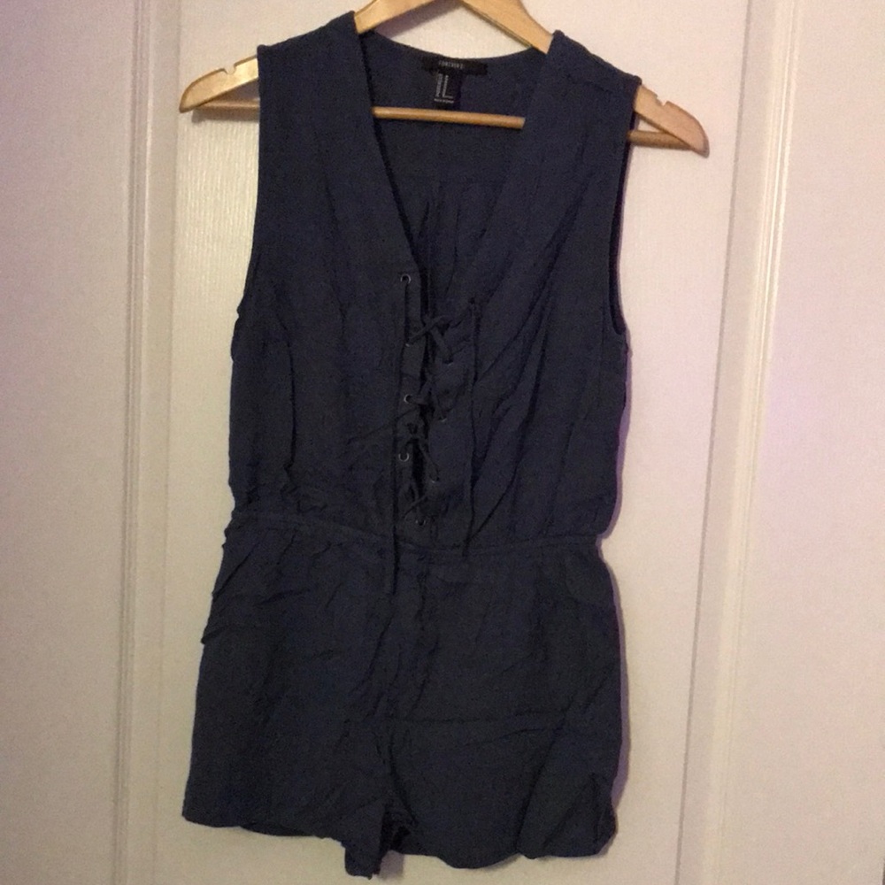 Forever 21 Navy Sleeveless Lace-Up Romper